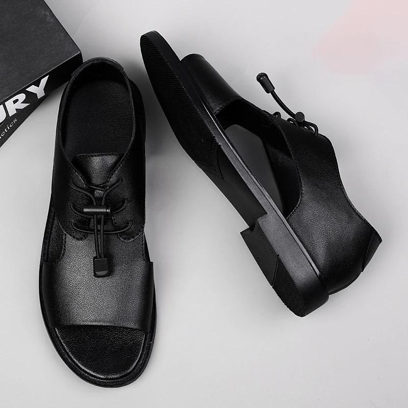 FashionHandmade Male Dress Sandals Men Casual Genuine Leather Mens Summer Shoes Outdoor Flats for Men Punk Style Hollow Out Footwear