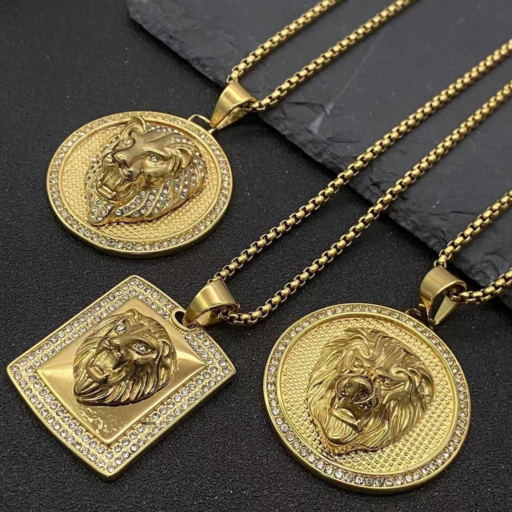 Stainless Steel Rhinestone Lion Head Pendant Hip Hop Necklace