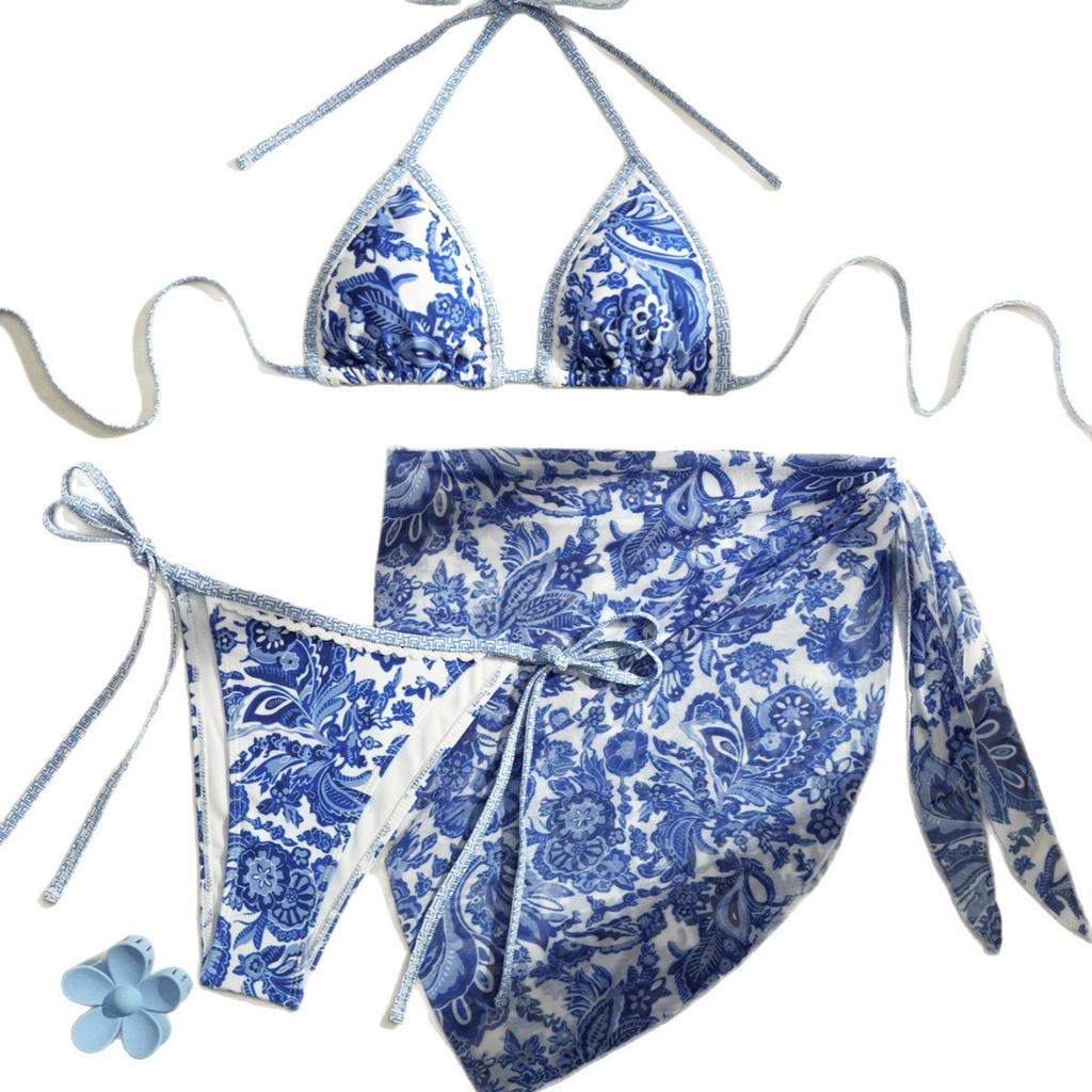 European And American Apron Three-Piece Bikini Retro Printed Lace-Up Swimsuit Women'S Swimsuit