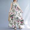 Plus Size Women Summer Retro Floral Print Sleeveless Dress Round Neck Cotton Linen Loose Long Maxi Dresses