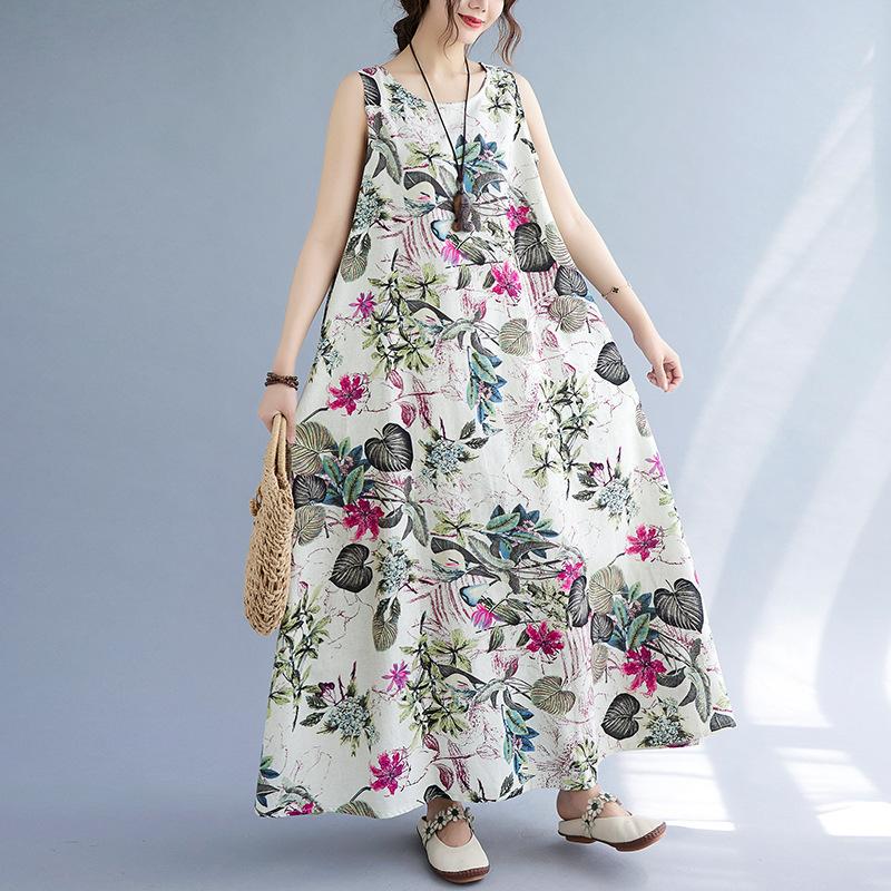 Plus Size Women Summer Retro Floral Print Sleeveless Dress Round Neck Cotton Linen Loose Long Maxi Dresses
