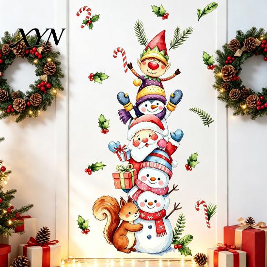 DIY Party Wall Murals Christmas Stickers with Snowman Santa Claus Elf Patterns, Peel And Stick Watercolor Cartoon Decals for Windows Glass Doors,