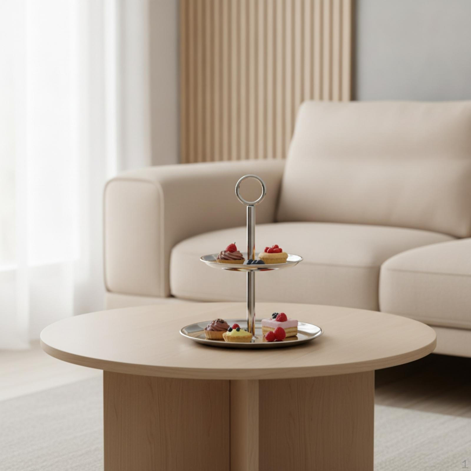 Dessert Display Stand with Circular Grip Handle Stainless Steel TwoTier Tabletop