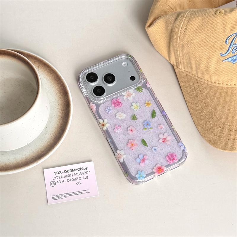 Cute Kawaii Purple Glitter Floral Phone Case For iPhone 17 16 15 14 Pro Max Pastel Flower Print Protective Cover for Girls