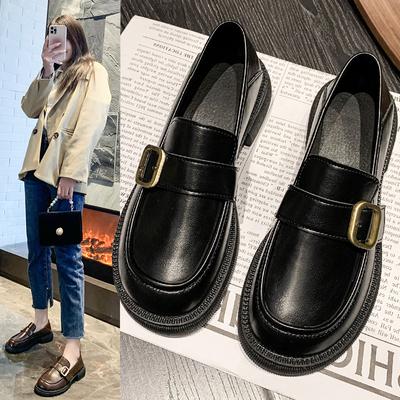 Black Small Leather Shoes Women'S British Style Retro Flat-Soled Single Shoes Soft-Soled Platform Loafers Doudou Shoes
