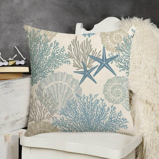 Ocean Style Pillowcase, Fade Resistant Cushion Cover, with Plants Shells Design, Pillow Case for Sofa Couch Decoration