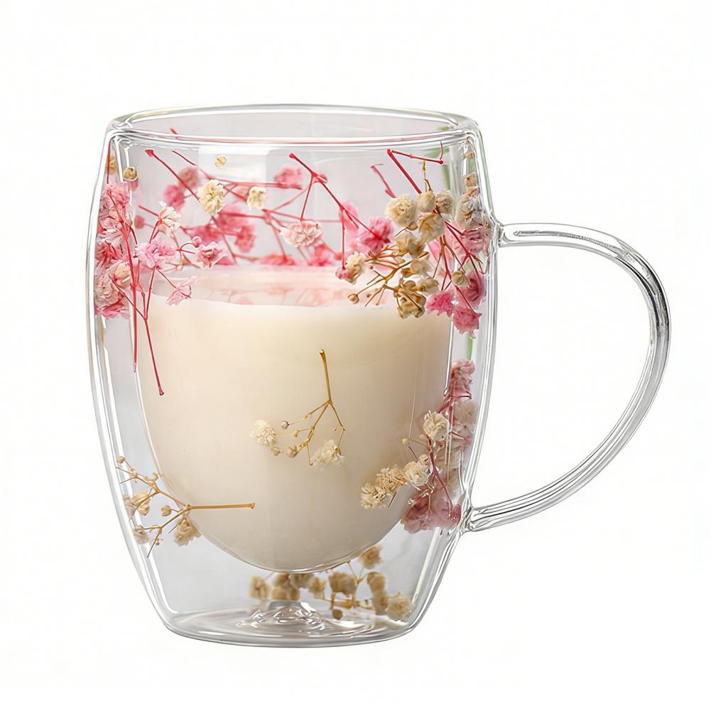 350ml Dried Flowers Double Wall Insulated High Borosilicate Glass Cup Double Walled Glass Cup Insulated Coffee Mug Drinking Cup