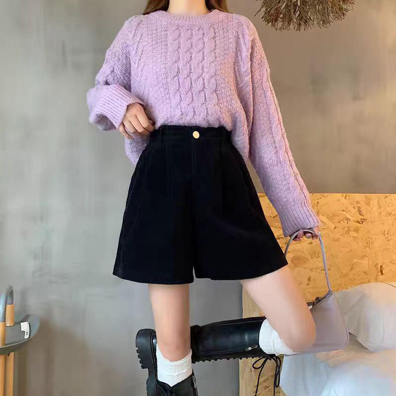 Women's A-Line Black-Coffee Corduroy Shorts with Sweatshirt, 2025 Spring/Autumn New Style, Casual Wide-Leg Design