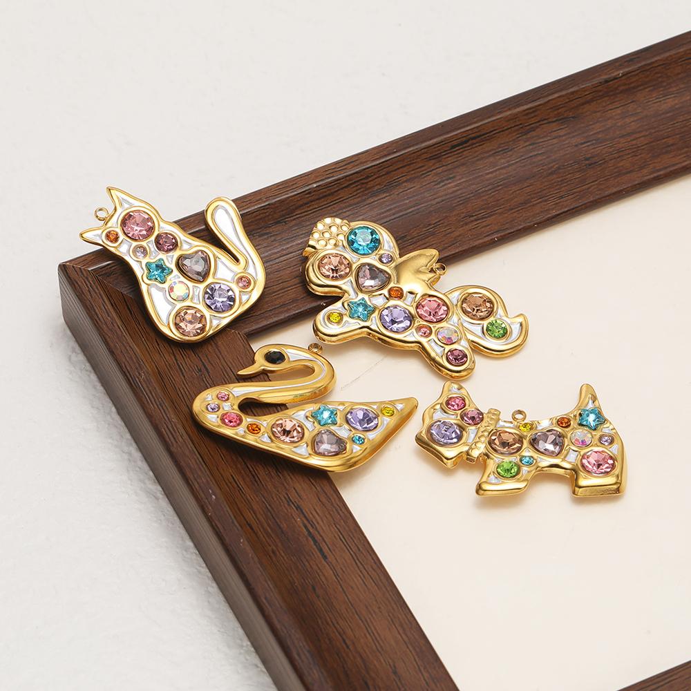 2Pcs Stainless Steel Zircon Animal Cat Dog Charms Swan Pendant DIY Jewelry Findings Sweater Necklace Bracelet Earrings Making