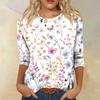 Women’s Crew Neck 3/4 Sleeve Casual Top with Floral Print Lightweight Pullover Loose Fit Blouse for Everyday Wear