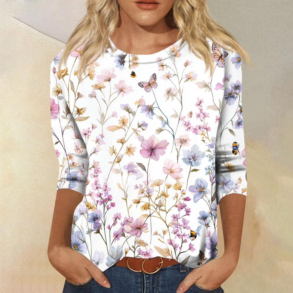Women’s Crew Neck 3/4 Sleeve Casual Top with Floral Print Lightweight Pullover Loose Fit Blouse for Everyday Wear