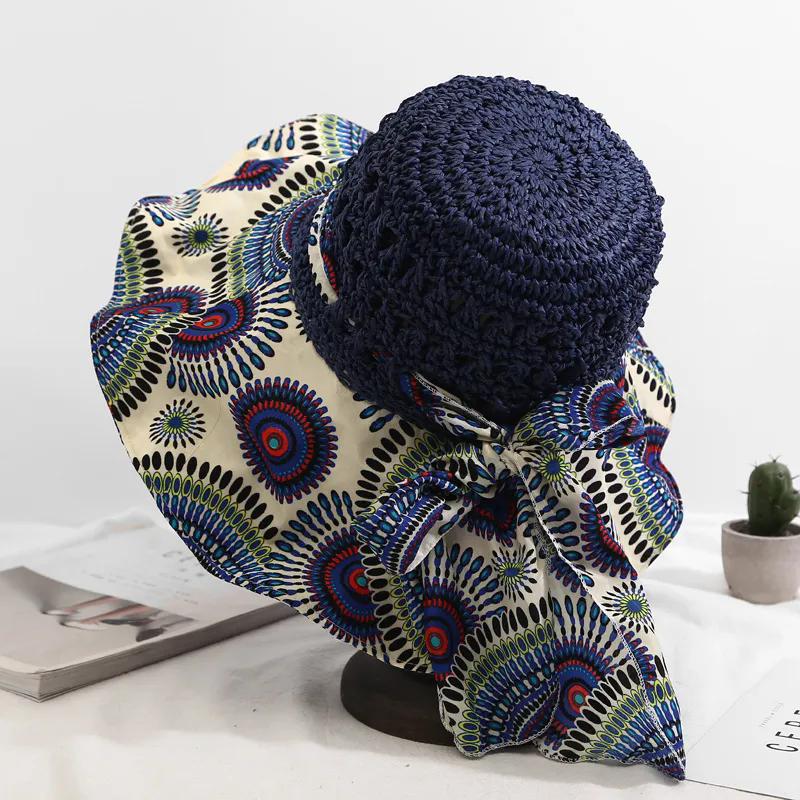 

WTEMPO Printed Bow Cool Hollow-out Sun Hats Retro Elegant Summer Beach Sunscreen Hats Wide Brim Foldable Multifunctional Large Hats 1pc темно-синий