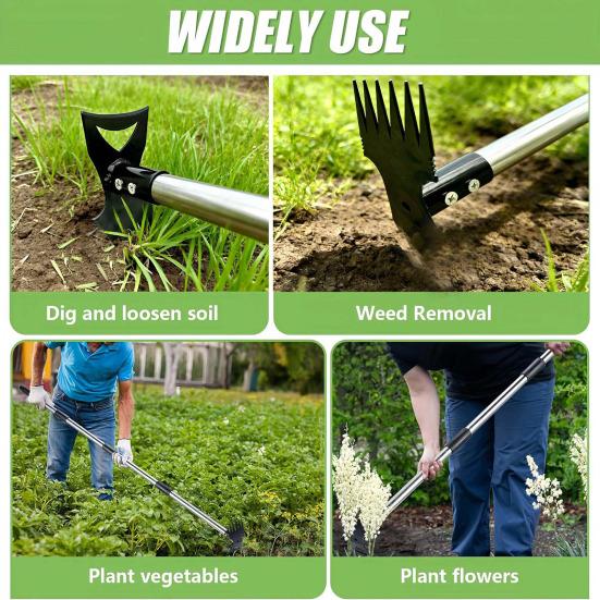 2-in-1 Unkrautrechen Langer Griff Unkrautzieher Aufstehendes Unkrautwerkzeug Robuster Handrechen Gartenhacke Manuelles Unkrautvernichtungswerkzeug für Rasen Garten Terrasse