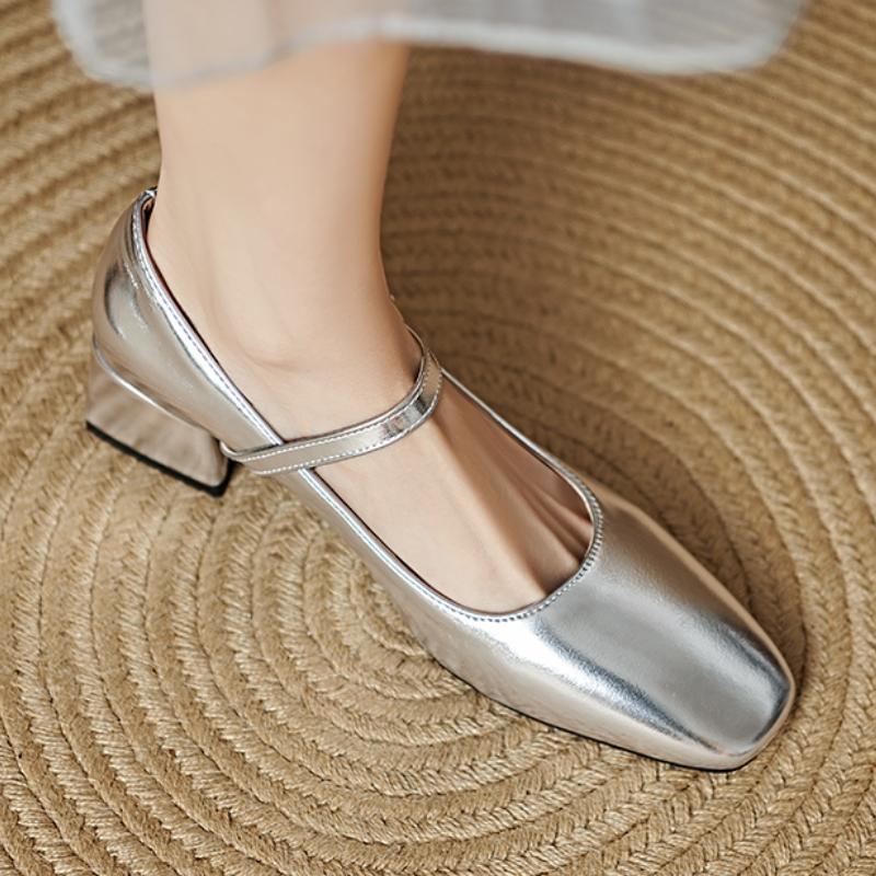 Dámské boty Mary Janes s nízkým podpatkem 2025 Nová móda Stříbrné Béžové Boty na párty a svatbu s krátkým podpatkem Dámské lodičky Velká velikost 45