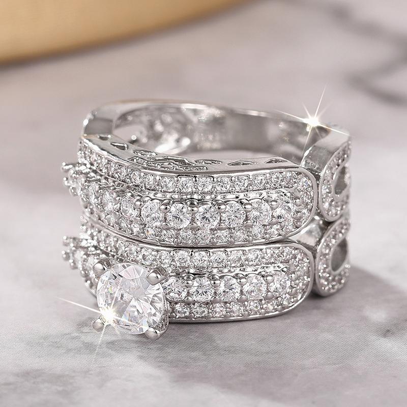 Huitan  Luxury Women 2Pcs/Set Ring Charming Engagement Party Fashion Accessories Delicate Wedding Zircon Inlaid Shining CZ