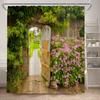 Fence Flowers Shower Curtains Blue Window Nature Floral Plants Scenery Modern Garden Wall Hanging Home Bathroom Decor with Hooks