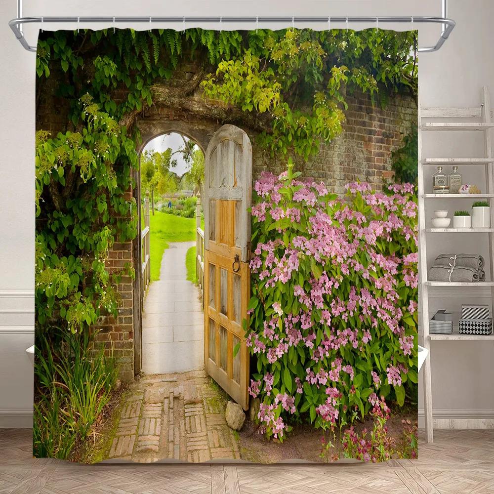 Fence Flowers Shower Curtains Blue Window Nature Floral Plants Scenery Modern Garden Wall Hanging Home Bathroom Decor with Hooks