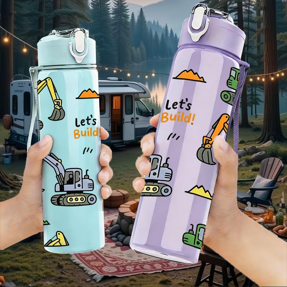 1PC Construction Tool Vehicle Print 750ml Color Plastic Sports Water Bottle Leakproof Flip Straw Lid Suitable for Sports Office Home Use