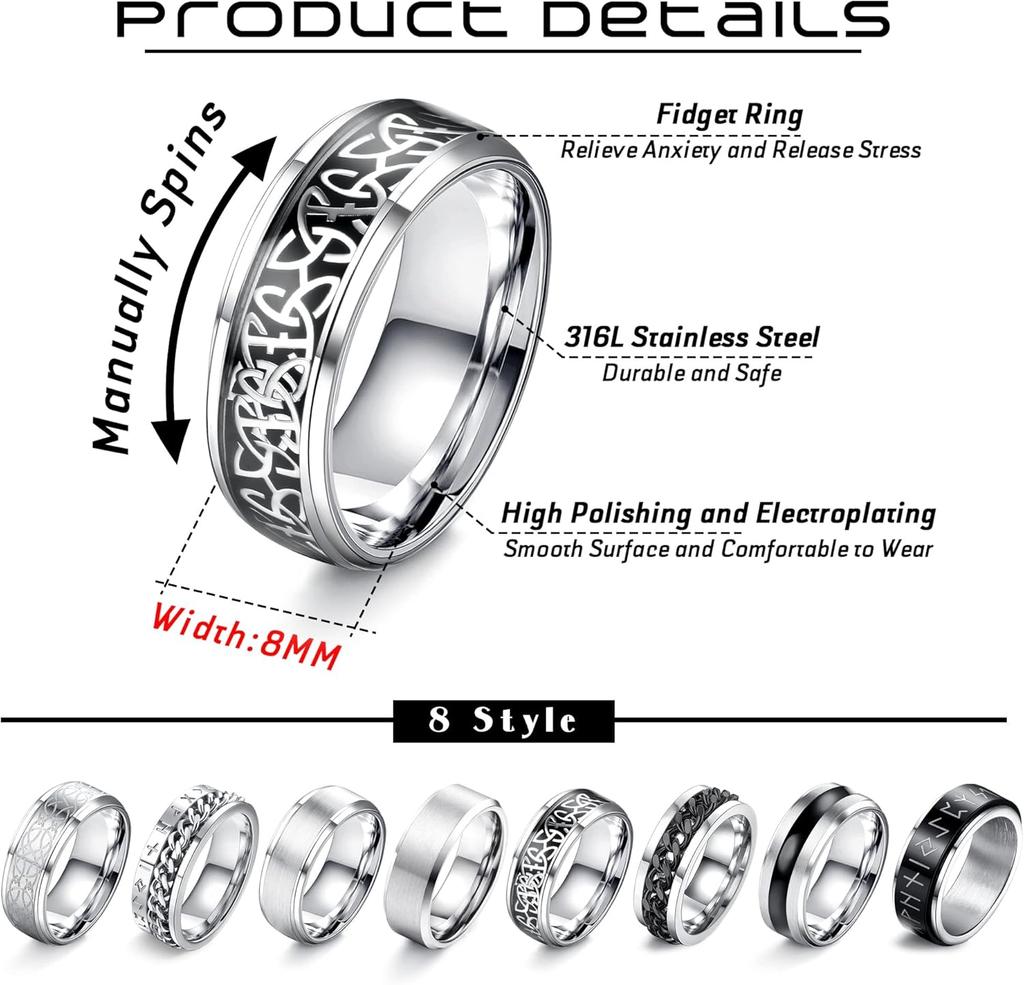 Bobisty 8Pcs Stainless Steel Rings for Men Women Stainless Steel Fidget Anxiety Stress Relieving Ring Set Wedding Rings Size7-13