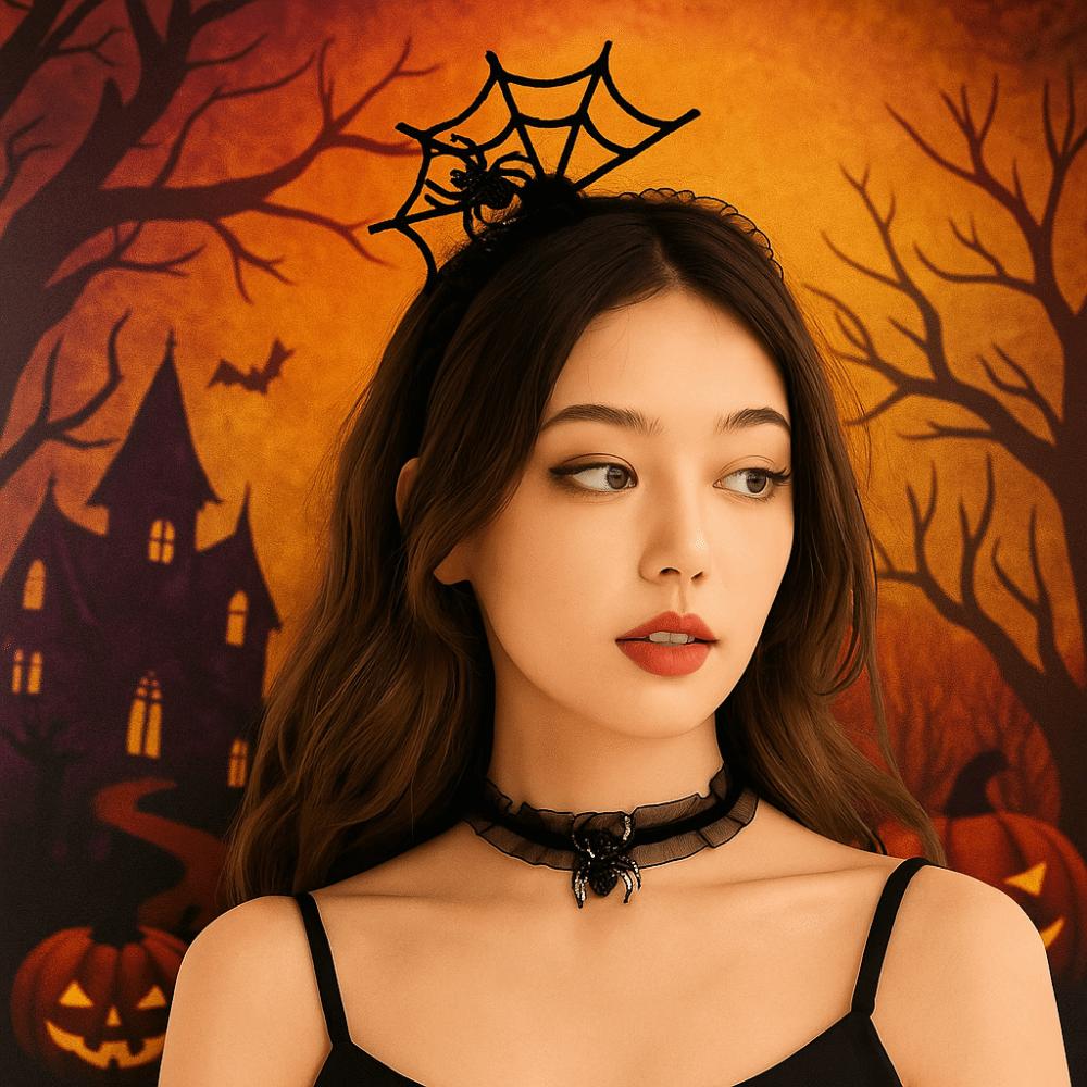 Mesh Halloween Headband Ruffles Spider Web Hairband Creative Hairband Necklace Set  Boys/Girls
