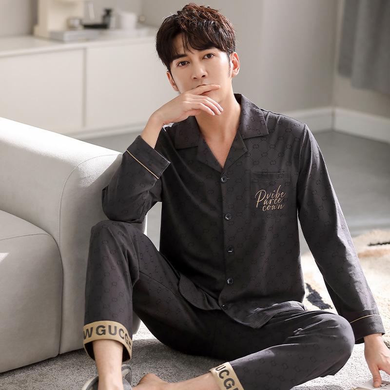 Pajamas Men'S Spring And Autumn Pure Cotton Long-Sleeved Thin Four-Season Cool Cotton Spring And Summer Can Wear Large-Size Loungewear Suit