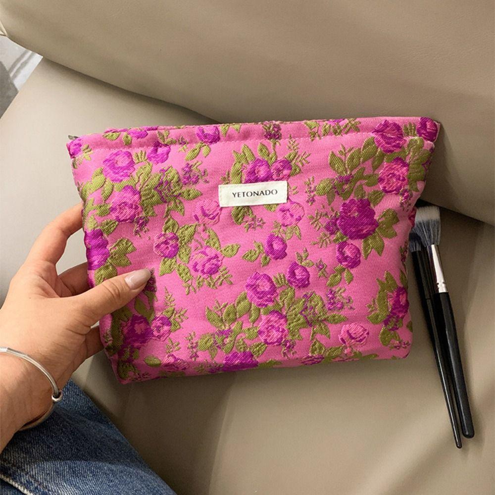Polyester Canvas Flower Clutch Bag Flower Pattern Zipper Closure Cosmetic Storage Pouch Large Capacity Portable Makeup Bag