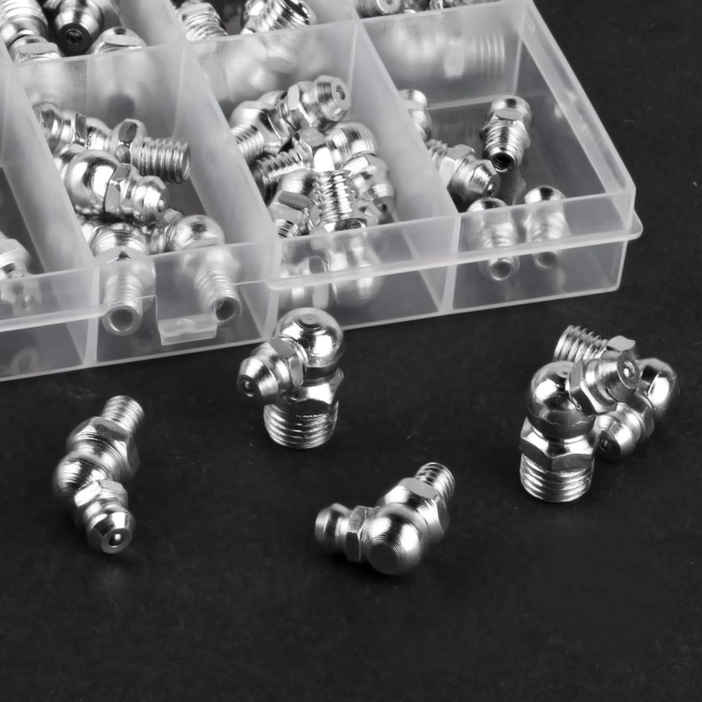 45pcs Metric Grease Fittings Kit,Hydraulic Grease Zerk Assortment Kit, 45 90 180 Degree Grease Gun Fittings, M6 M8 M10 Straight and Angled Grease