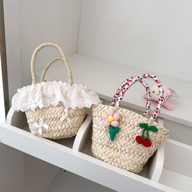 Hand Lace Held Straw Woven Bag With Silk Scarf Handbag For Girl Daily Use