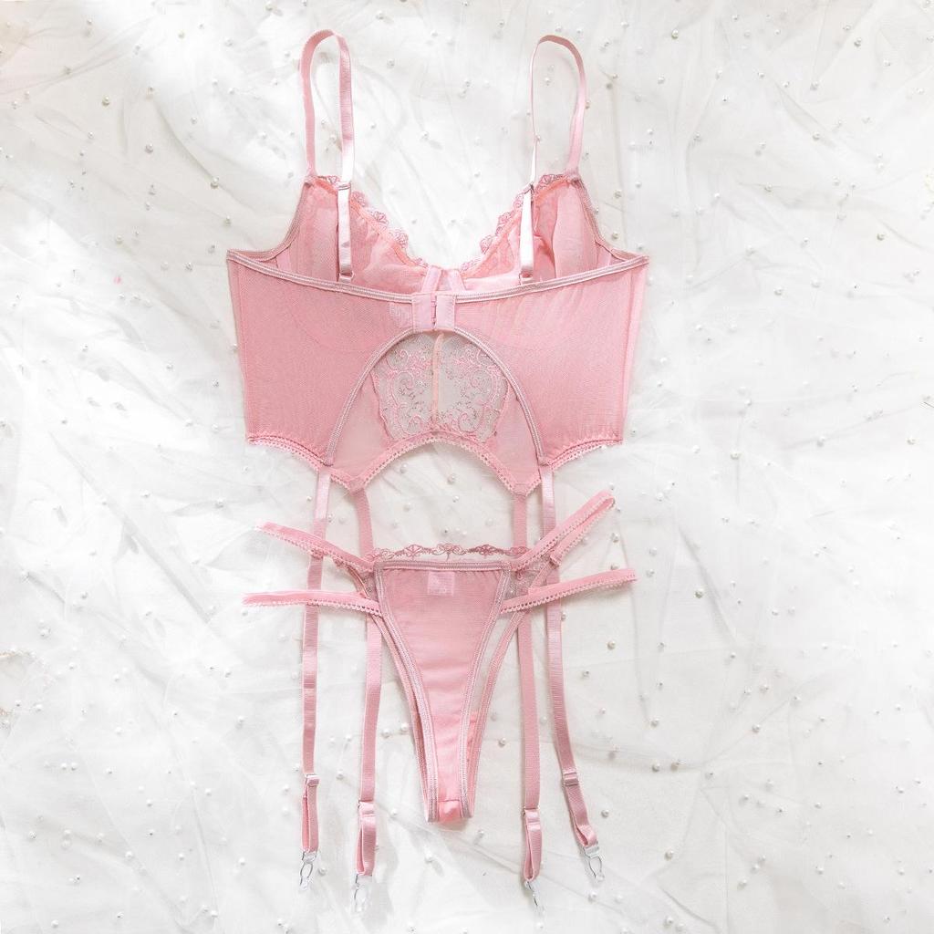 European and American Embroidered Push-up Lingerie Set - Pink, Underwire, Sexy, Comfortable, Tempting