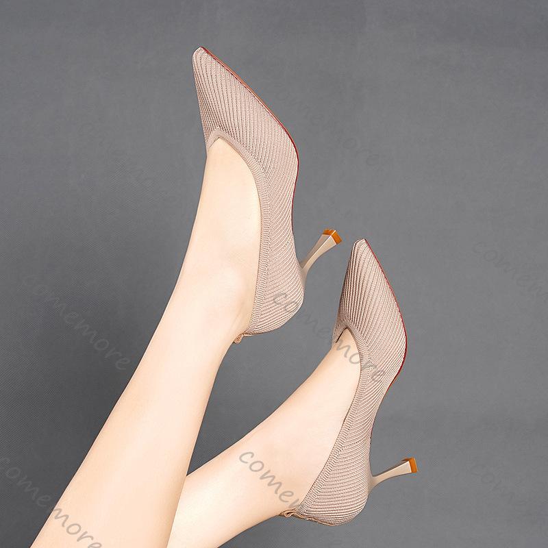 Fashion Comemore Pointed Toe Single Shoes High Heels Simple Solid Color Knitting Pumps Woman Shoes Spring Autumn Solid Heels for Women