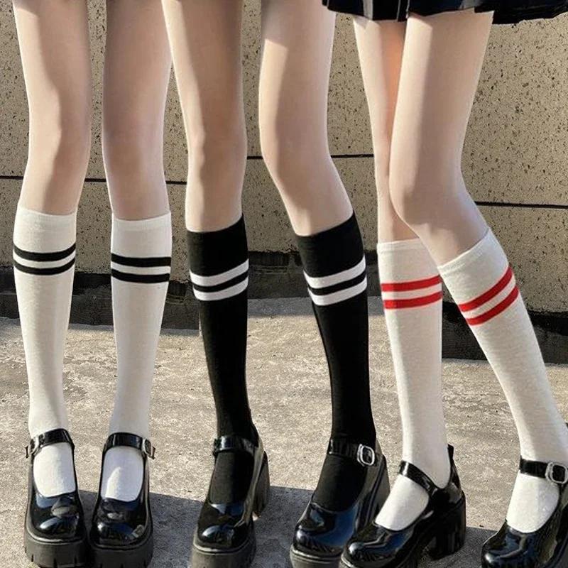 Japanese JK Knee High Socks Kawaii Striped Black White Cotton Long Tube Stockings for Women Girls Students Fashion Leg Warmers