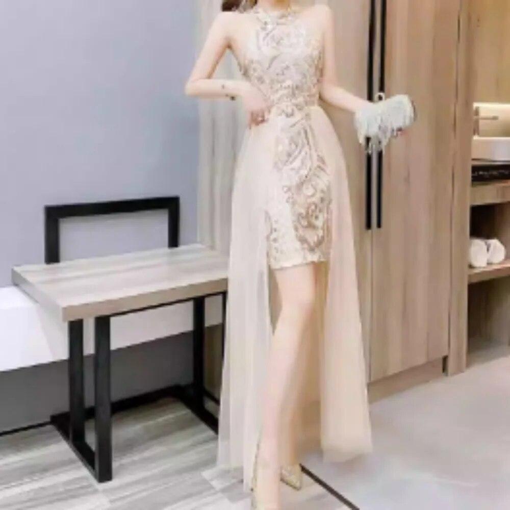 Sexy Sequin Patchwork Mesh Halter Dress Chic Elegant Evening Party Luxury Robe Women High Waist Slim Ceremonial  Dress