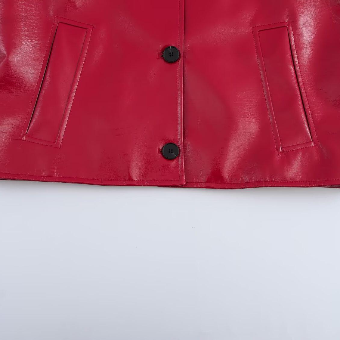 

Женская одежда 2025 весна новая уличная мода короткий лацкан кожаная куртка куртка выглядит стройнящей XS алый