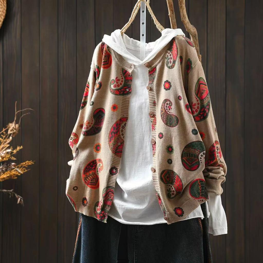 Johnature Women Vintage Knitted Sweaters O-Neck Long Sleeve Autumn Button Print Floral Female Loose Sweaters