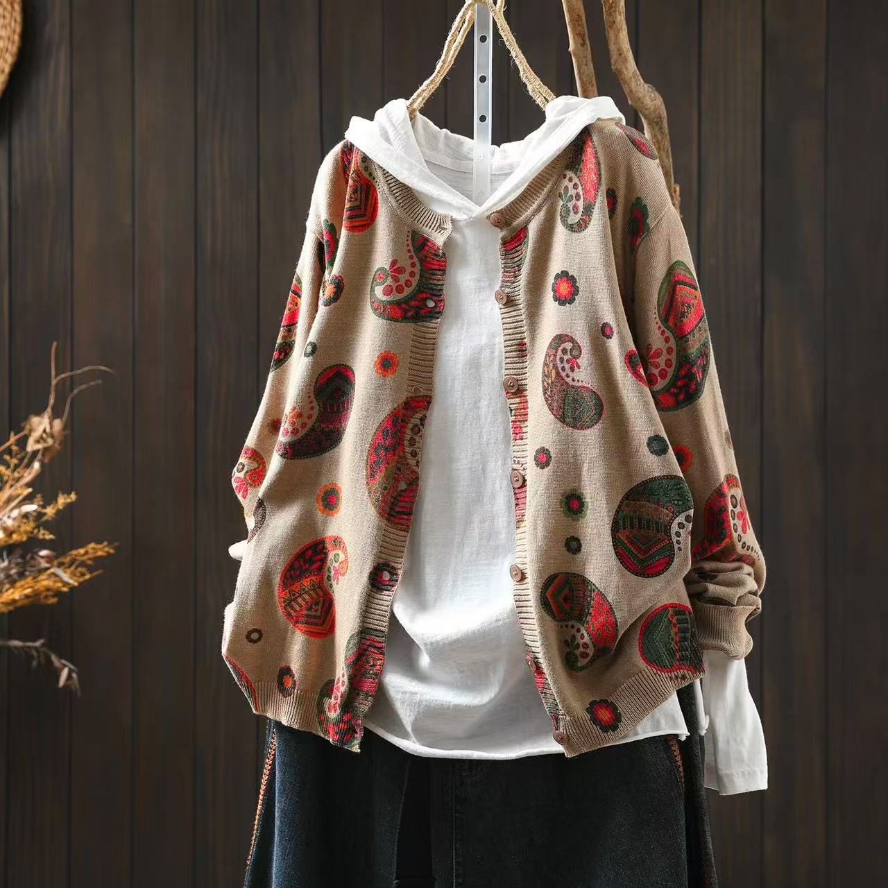 

Johnature Women Vintage Knitted Sweaters O-Neck Long Sleeve Autumn Button Print Floral Female Loose Sweaters One Size хакі