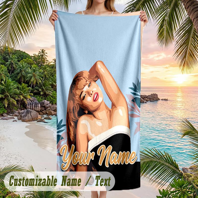 Sabrina Carpenter Beach Towel, Personalized Custom Name Text, Quick Dry Large Absorbent Towel For Beach Pool