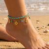 Bohemian Double Layer Turquoise Beads Bracelet for Women Vintage Gold Color Chain Flower Charm Anklet Summer Beach Jewelry Gift