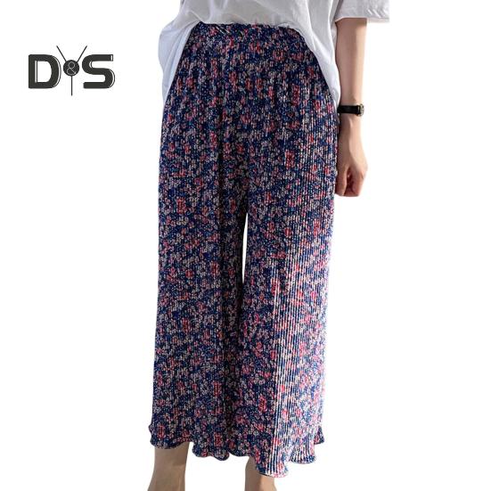 

Женские брюки с высокой талией, эластичные, широкие брюки с цветочным принтом, драпированные, плиссированные, длинные брюки, домашние брюки для отдыха темно-синий