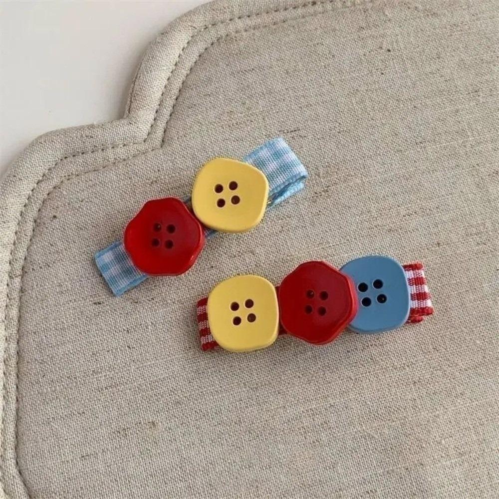 2 pcs/set Color Block Button Hair Clips Small and Cute Side Clip Vintage Bangs Clip For Girls