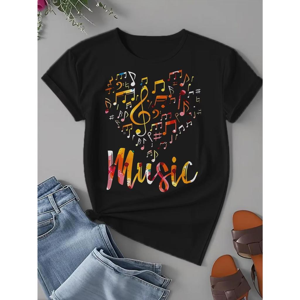 Women's Music Note & Treble Clef T-Shirt - Short Sleeve Round Neck Casual Summer Festival Outfit with Musical Staff Patterns