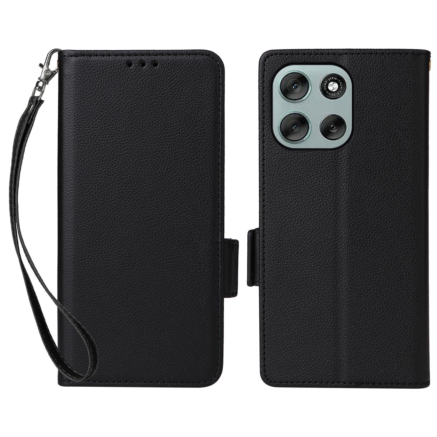 

For Motorola Moto G56 5G Case with Wrist Strap Litchi Texture PU Leather Wallet Phone Cover Black