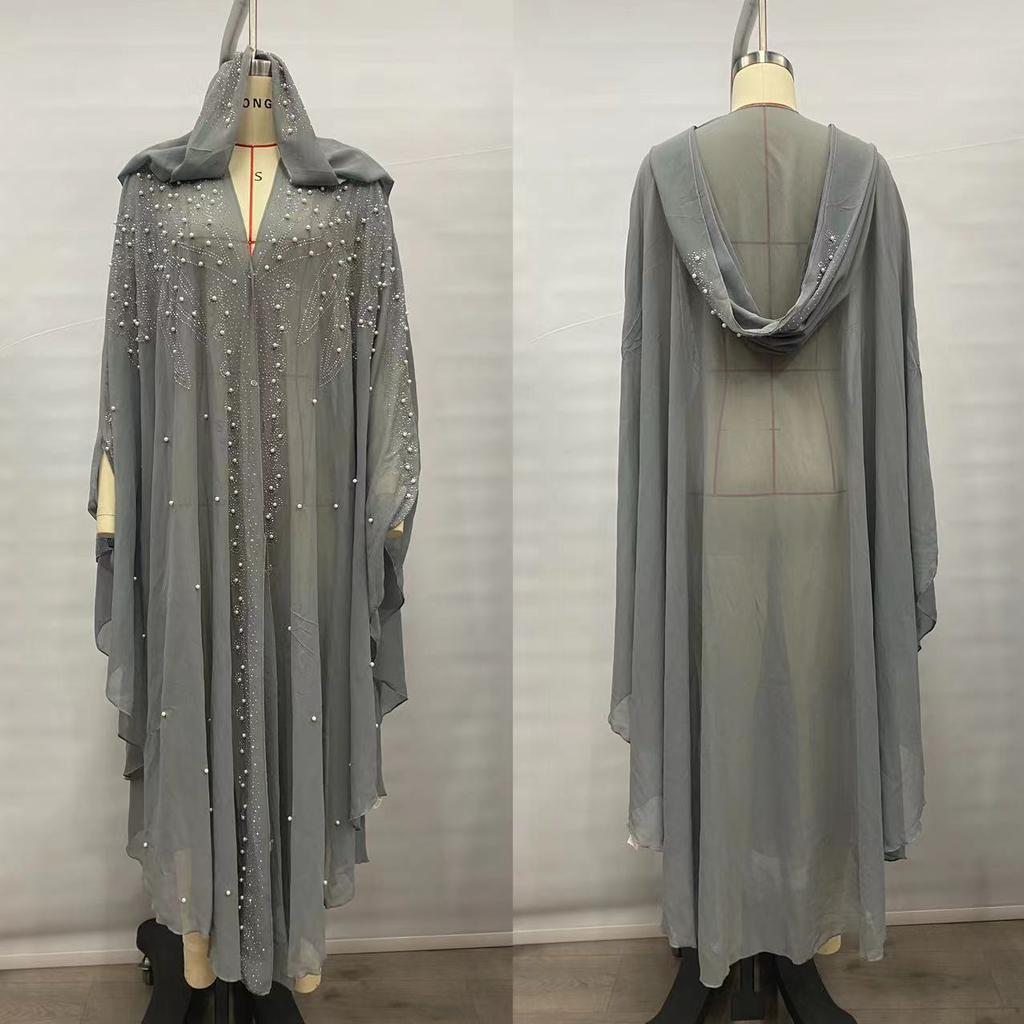 Womne Muslim Dress Embroidered Beads Abaya Dress Muslimah Hooded Robe Chiffon Kaftan Long Dress Middle East Africa Plus Size Maxi Dress