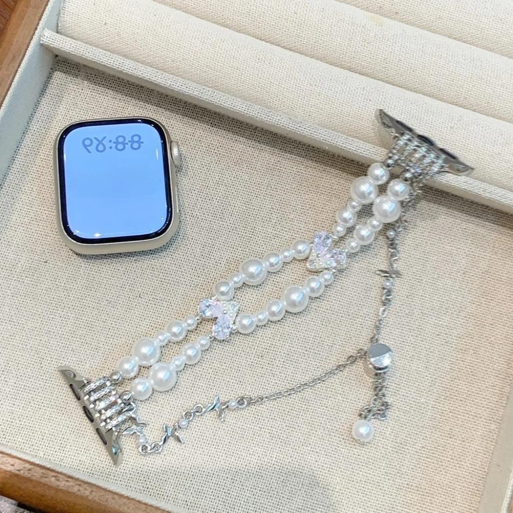 

Fashion Tassel Round Bead Butterfly Bracelet Women for Apple Watch Band Series 8/7/6/10 40mm 41mm 38mm 42mm 44mm 45mm 46mm Strap 38/40/41/42S10 белый