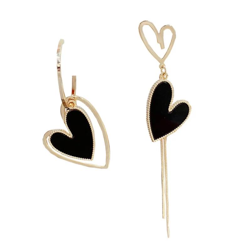 Asymmetric Black White Enamel Heart Earrings Women Hollow Layered Metal Long Tassel Dangle Drop Jewelry чёрный