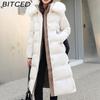 BITCED Winter Down-Filled Cotton Coat for Women - Long Style, Knee-Length, Oversized Fur Collar, Slim-Fit, Belted Design, Cotton
