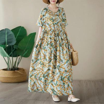 Short Sleeve Plus Size Cotton Vintage Floral New In Dresses for Women Casual Loose Long Summer Dress