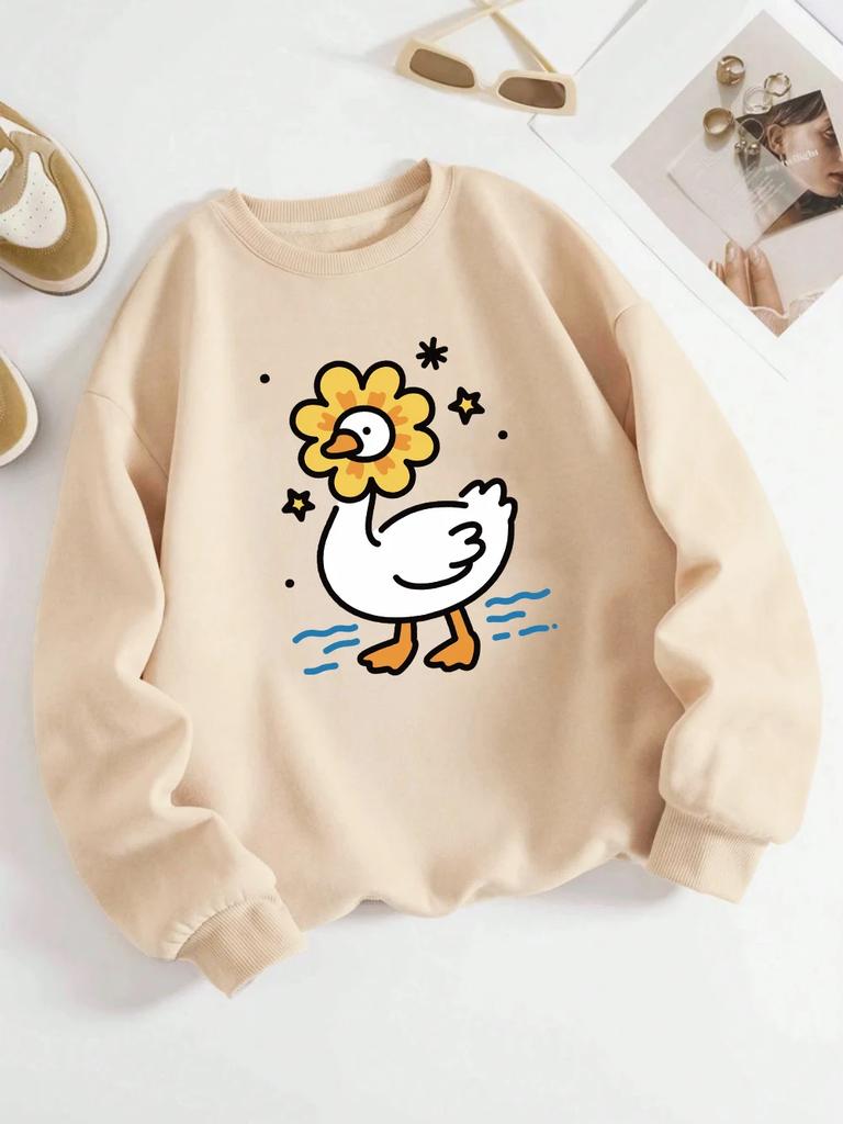 Cute Sunflower Duck Print Hoodie Women's Street Loose Pullover Basic Sports Sweater 2025 Autumn and Winter Warm Women's Clothing
