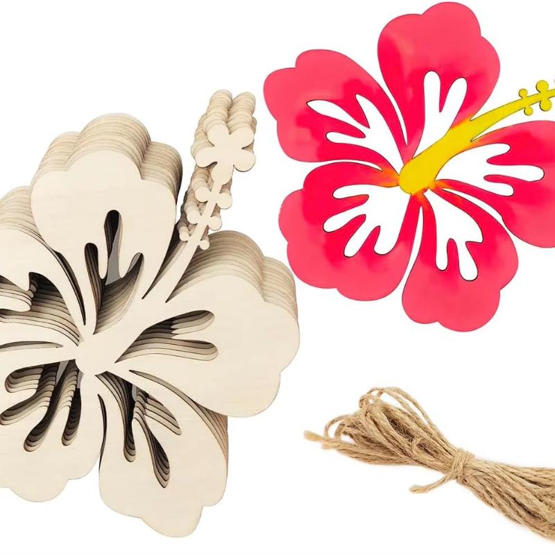 10 Unfinished Wooden Hibiscus Cutouts - Ideal for DIY Craft Projects, Home Party Decorations, and Gift Tags