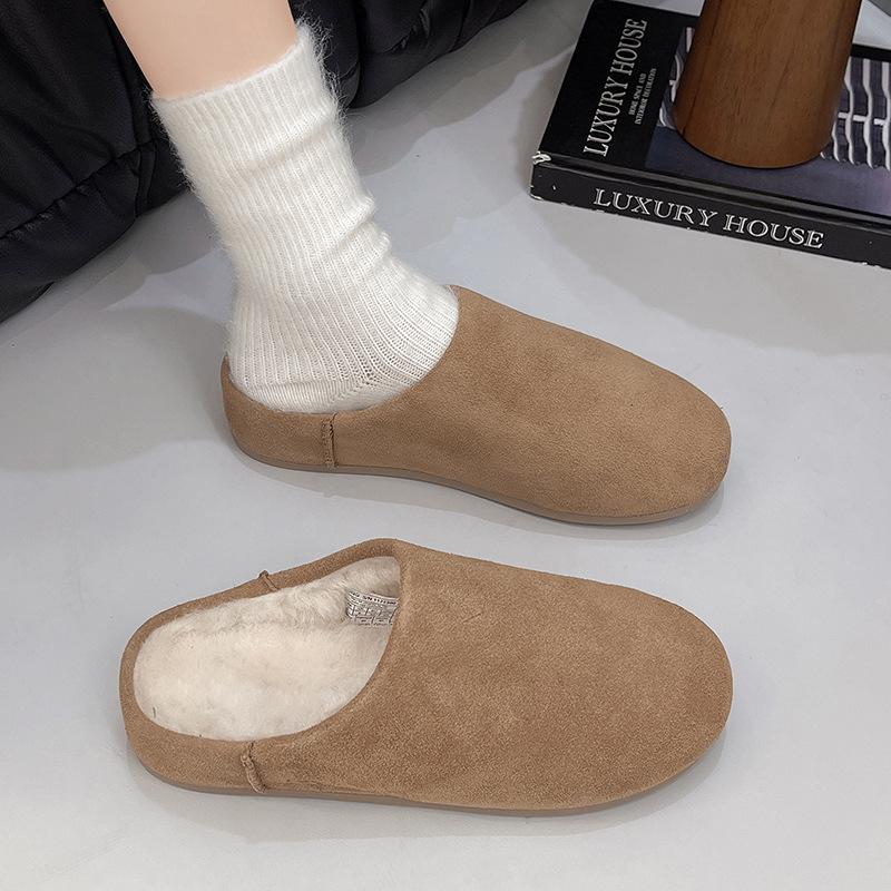 Dicksohlige, fellintegrierte Wollschuhe Damen 2025 Herbst und Winter neu Taschenkopf Halbschuhe lässige warme rutschfeste Baumwollpantoffeln