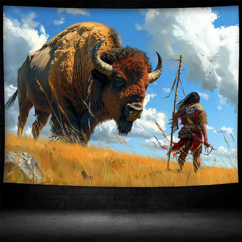 2D Wild West Bison and Native Warrior Art Tapestry Background Cloth for Bedroom Living Room